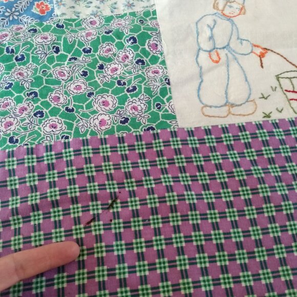 Vintage Quilt Top Unfinished Embroidered Dutch Boy Girl 42" by 48" Stained AS IS - Picture 11 of 16